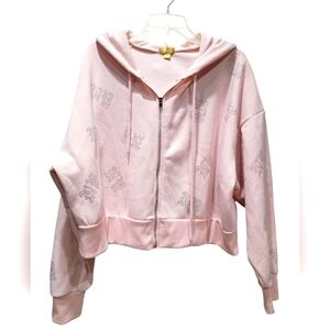 XL Pink Statement "NY" Hooded Zip-Up Fleece Cropped Jacket